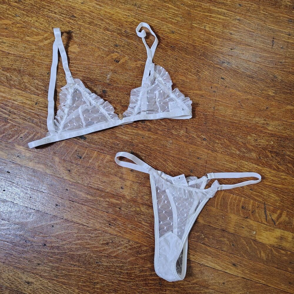 Sexy Lace Polka Dot Triangle Bralette & Thong Set White Wmns Nwt/T805